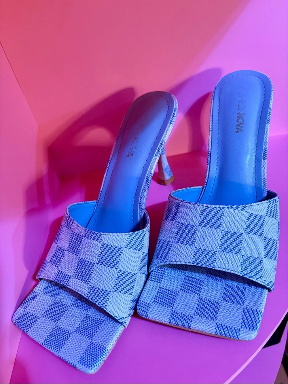 Fashion Nova Blue Checkered Open-Toe Heeled Mules